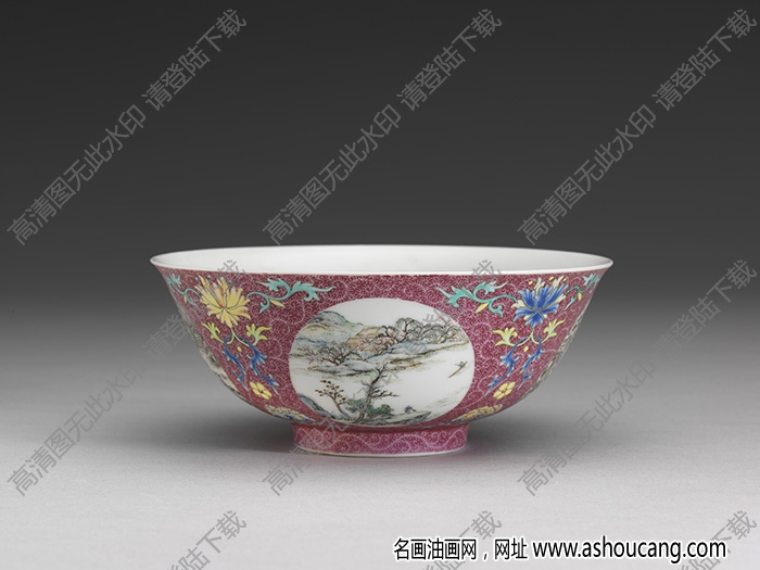 清乾隆 琺瑯彩洋紅地開光四季山水碗 高清大圖下載
