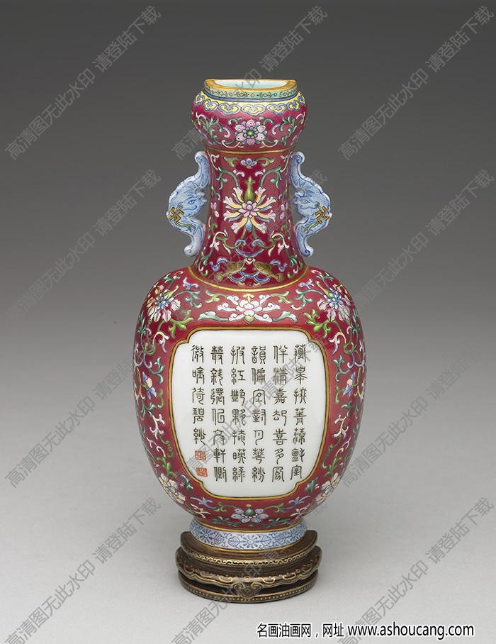 清乾隆 紅地錦上添花詩(shī)意雙耳四方轎瓶 高清大圖下載