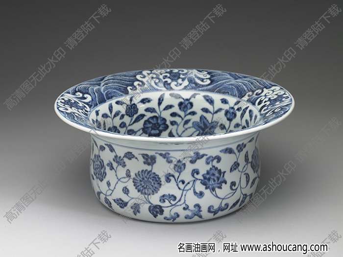 清乾隆 青花水波花卉折沿洗 高清大圖下載