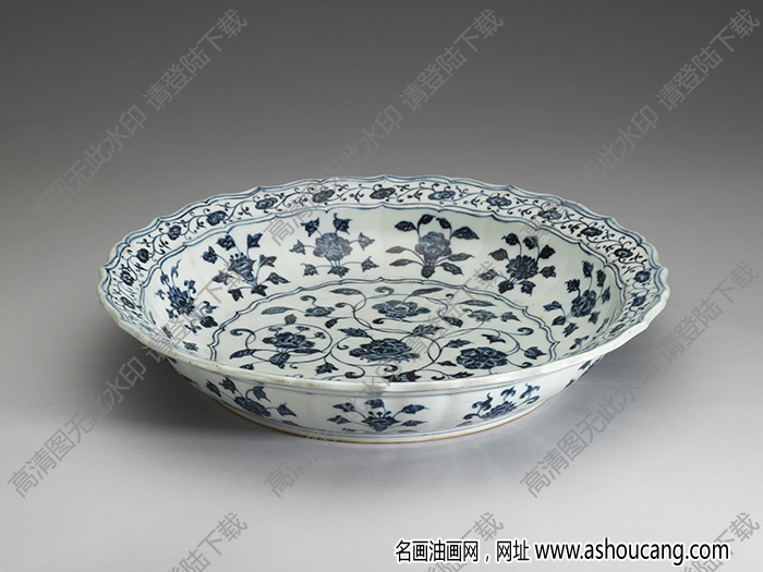 明永樂 青花四季花卉紋蓮花式盤 高清大圖下載
