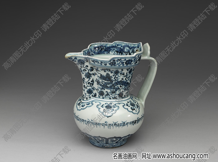 明宣德 青花藏文穿蓮雙龍紋僧帽壺 高清大圖下載