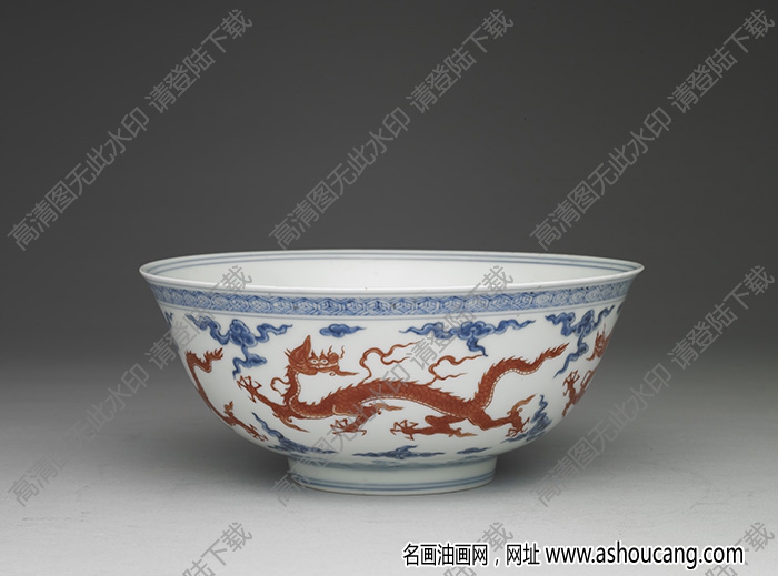 明 青花描紅五龍碗 高清大圖下載