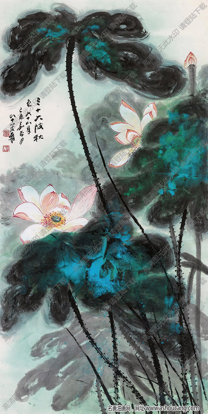 張大千作品_潑彩荷花圖_六十八年己未嘉平月_高清大圖下載