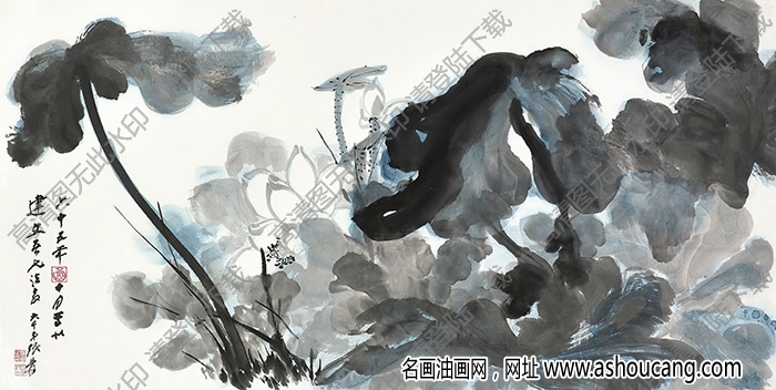 張大千作品_荷花_六十五年十月寫此_高清大圖下載