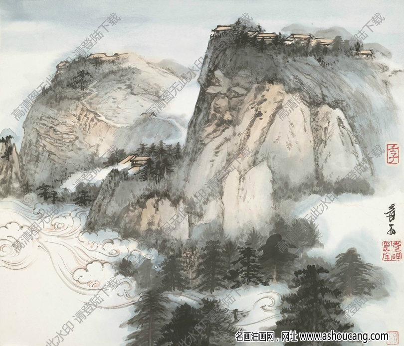 張大千國畫_云山人家_壬子年作_高清大圖下載