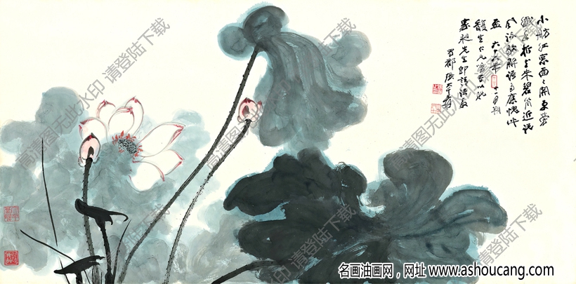 張大千國畫_荷花綻放_(tái)小舫紅窗面面開_高清大圖下載