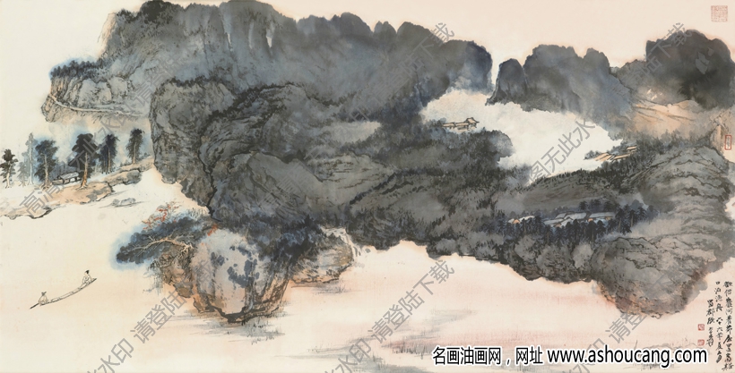 張大千國畫_溪口泊舟圖_六十六年夏五月作_高清大圖下載