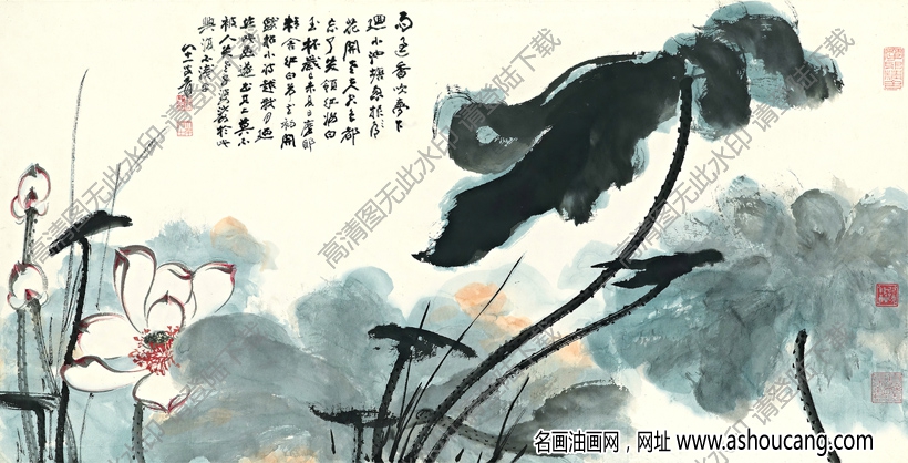 張大千國畫_荷花圖_雨過香吹夢乍回_高清大圖下載